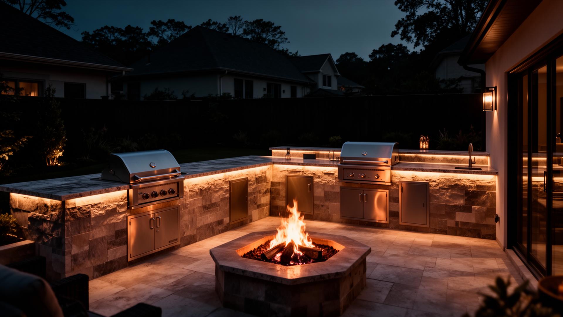 Premium outdoor kitchen and patio at dusk